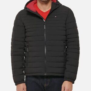 Tommy Hilfiger Mens THFlex Stretch Quilted Puffer Hooded Jacket Black Large
